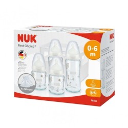 NUK FC СТАРТ СЕТ СТЪКЛЕНИ ШИШЕТА СЪС СИЛИКОНОВ БИБЕРОН + КОШНИЦА (0-6 месеца)